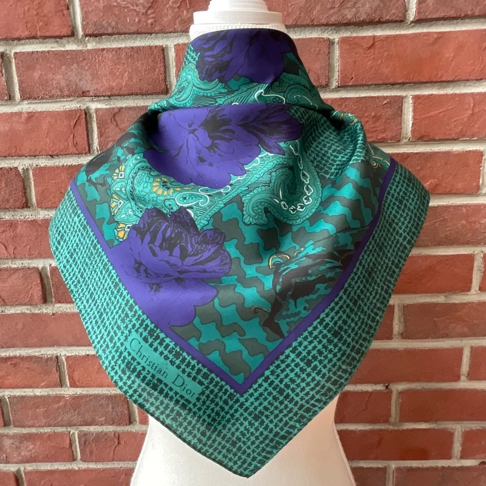 Christian Dior Echarpes 100% Silk Green Purple Floral Signed Scarf Vintage30”x31
